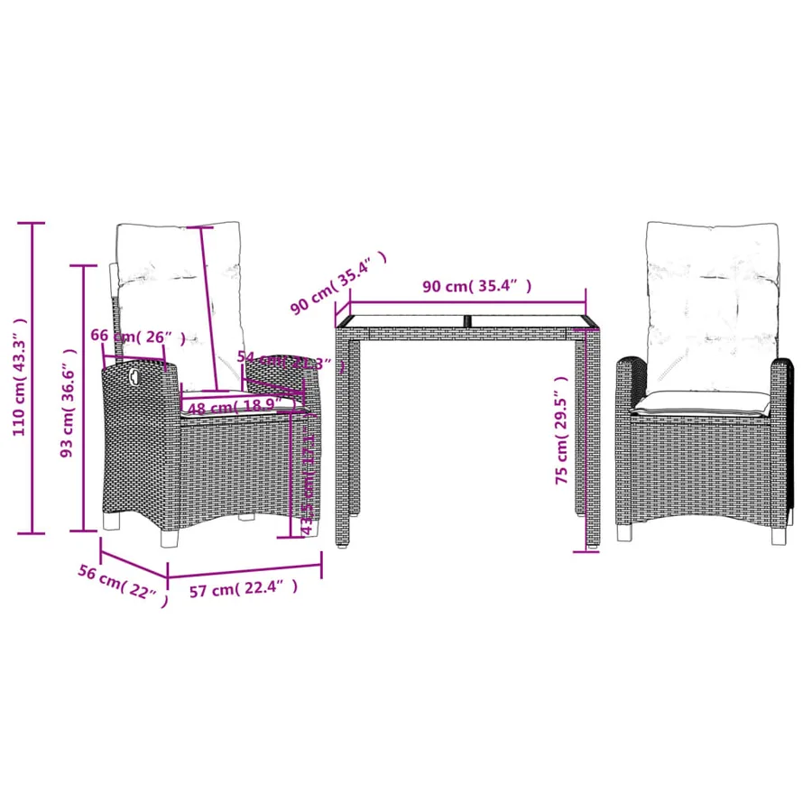 Ensemble à manger de jardin 3 pcs coussins gris résine tressée - 9