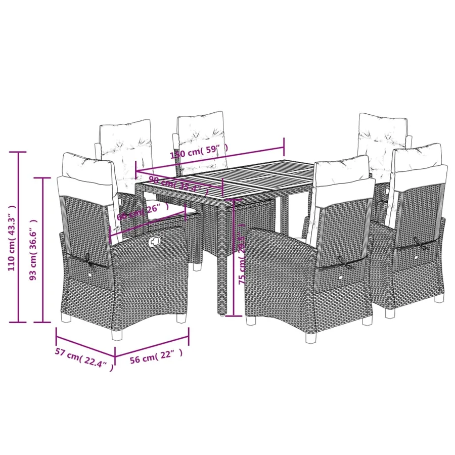 Ensemble à manger de jardin coussins 7pcs Noir Résine tressée - 12