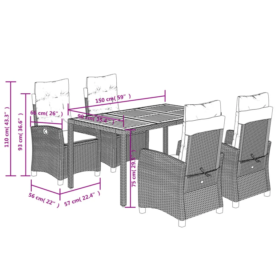 Ensemble à manger de jardin coussins 5pcs Noir Résine tressée - 9