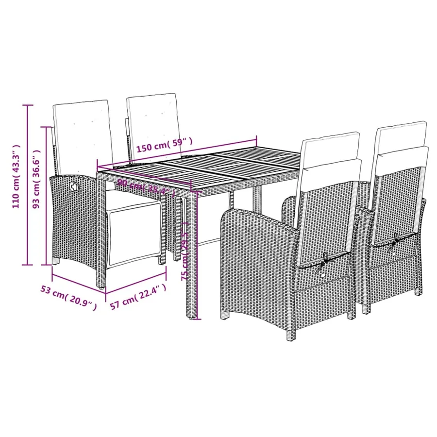 Ensemble à manger de jardin coussins 5pcs Noir Résine tressée - 9
