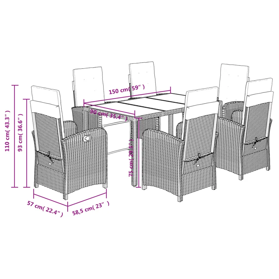 Ensemble à manger de jardin et coussins 7 pcs gris rotin - 9
