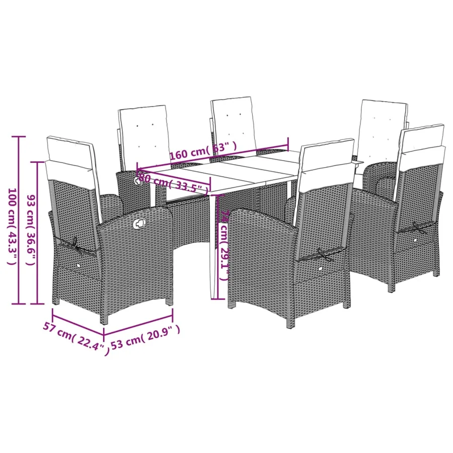 Ensemble à manger de jardin et coussins 7 pcs marron rotin - 12