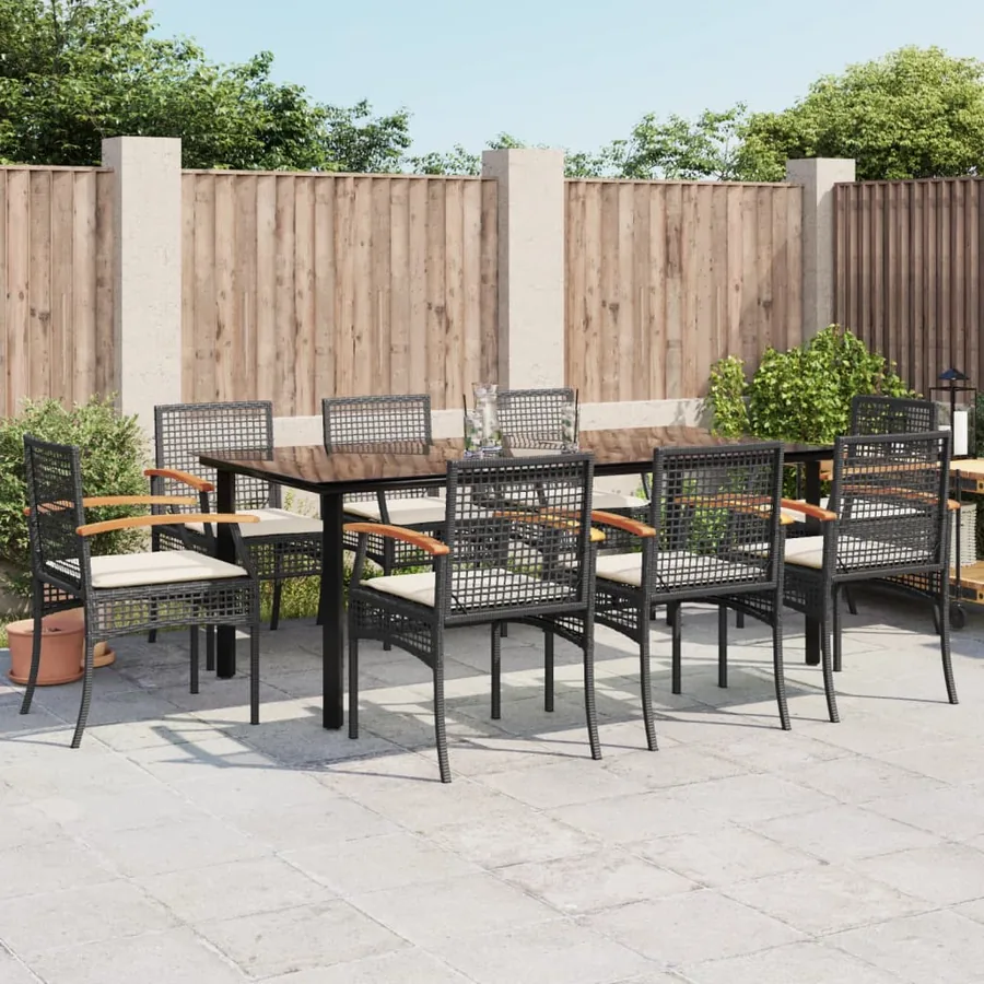 Ensemble à manger de jardin 9pcs coussins noir résine tressée