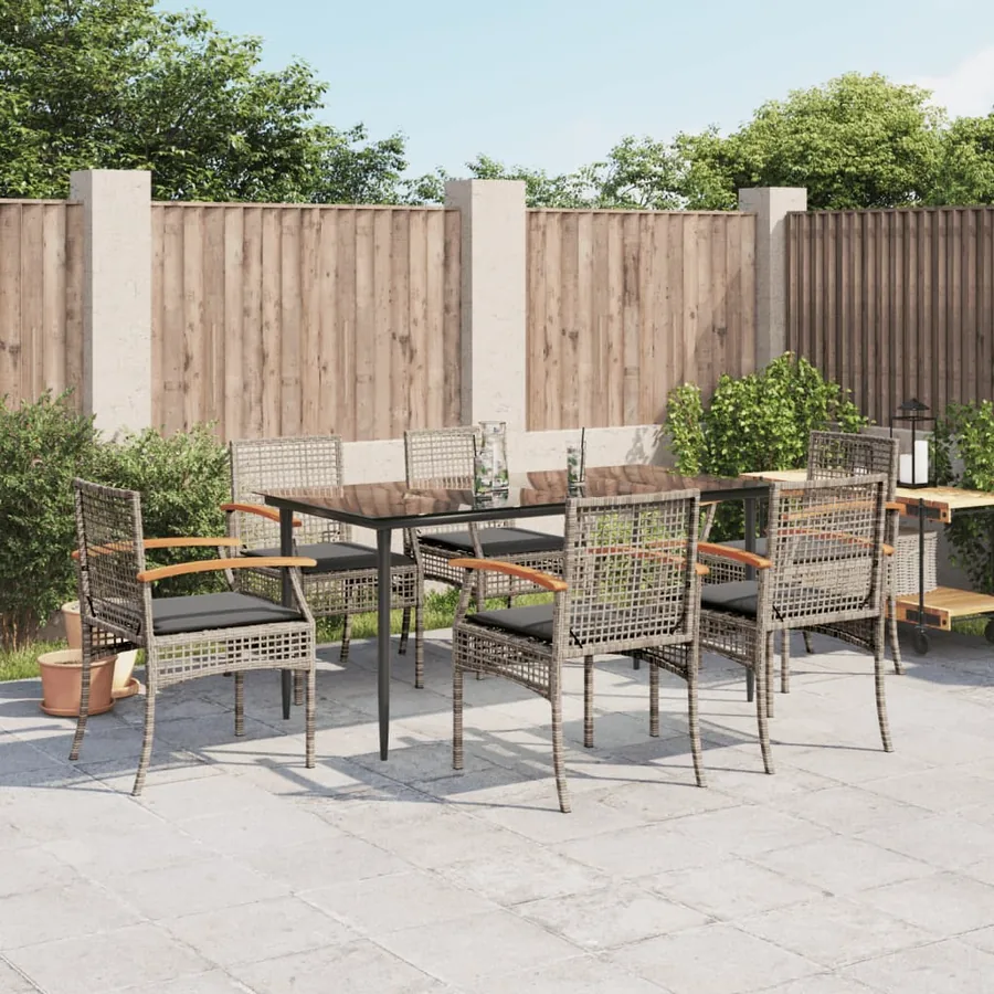Ensemble à manger de jardin et coussins 7 pcs gris rotin