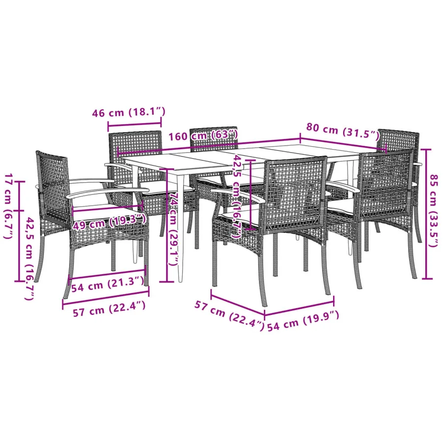 Ensemble à manger de jardin et coussins 7 pcs gris rotin - 7