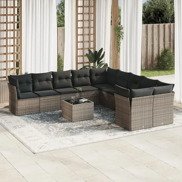 Salon de jardin 11 pcs avec coussins gris résine tressée