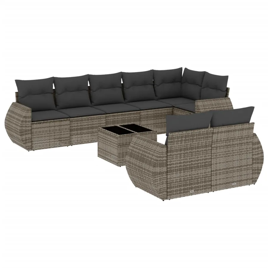 Salon de jardin 9 pcs avec coussins gris résine tressée - 2
