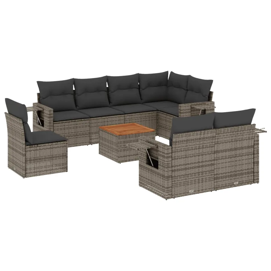 Salon de jardin 9 pcs avec coussins gris résine tressée - 2