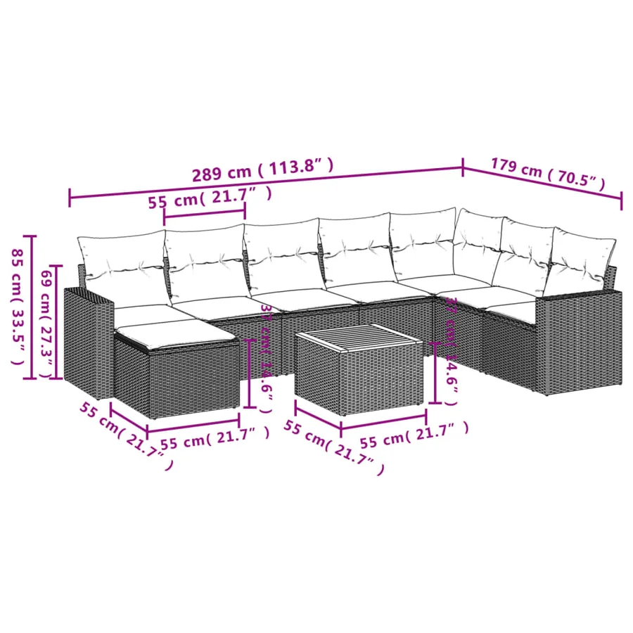 Salon de jardin 9 pcs avec coussins gris résine tressée - 3