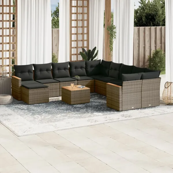 Salon de jardin avec coussins 12 pcs gris résine tressée