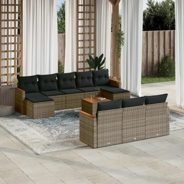 Salon de jardin 11 pcs avec coussins gris résine tressée