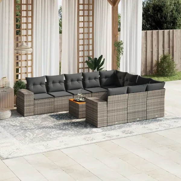Salon de jardin 11 pcs avec coussins gris résine tressée