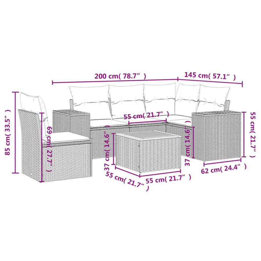Salon de jardin 6 pcs avec coussins gris résine tressée - 3
