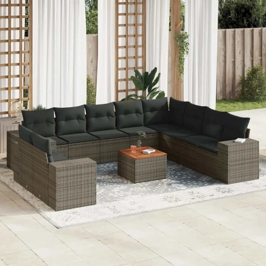 Salon de jardin 11 pcs avec coussins gris résine tressée