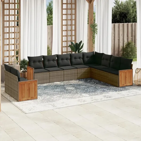 Salon de jardin avec coussins 10 pcs gris résine tressée
