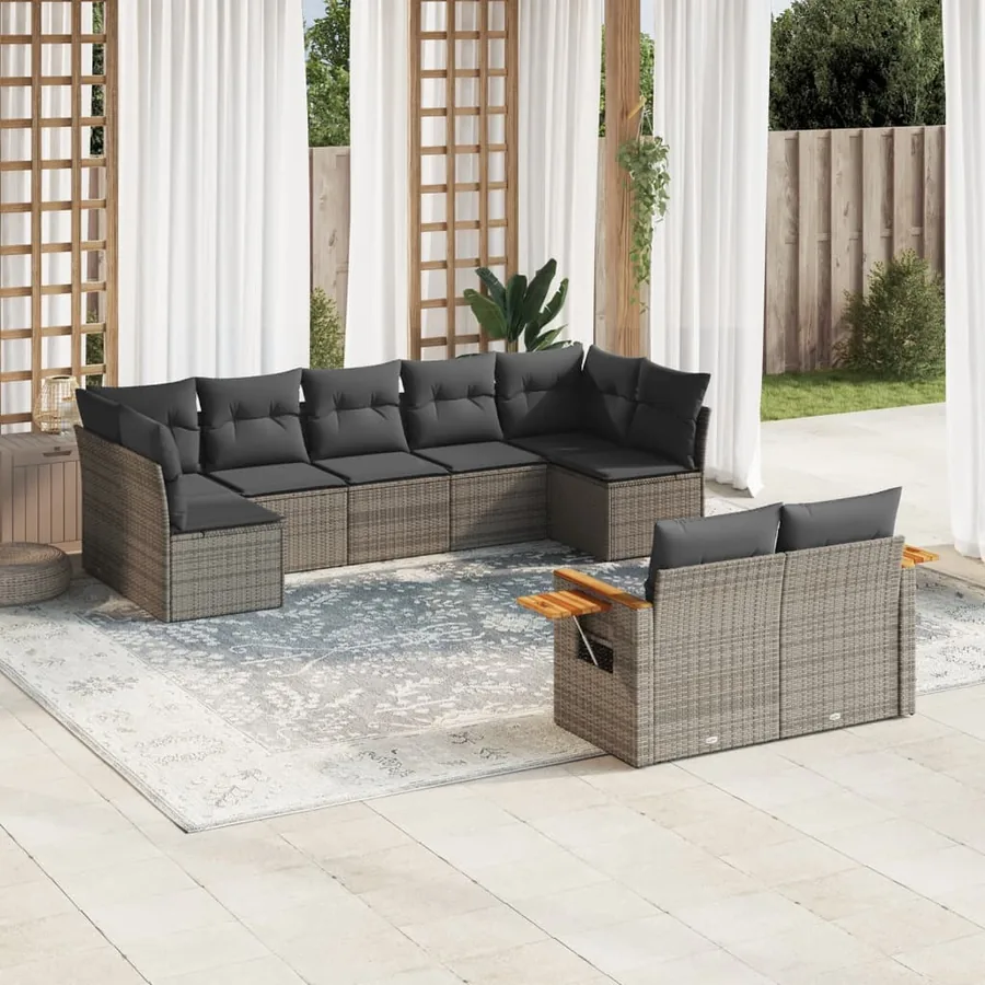 Salon de jardin 9 pcs avec coussins gris résine tressée