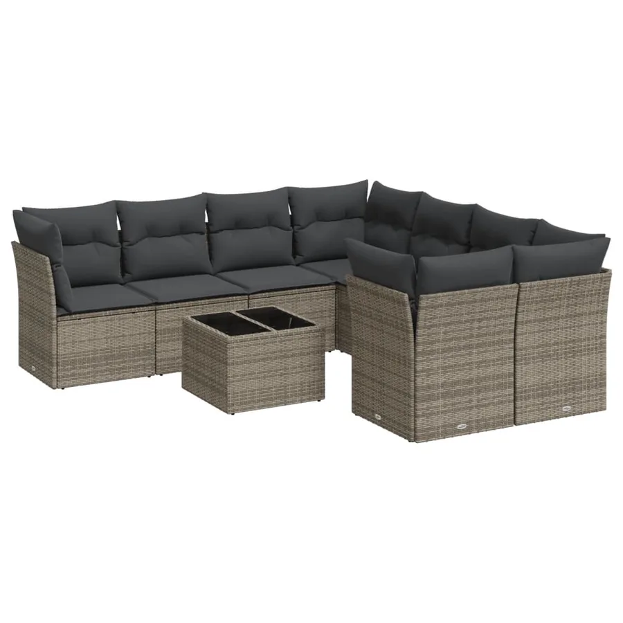 Salon de jardin 9 pcs avec coussins gris résine tressée - 2