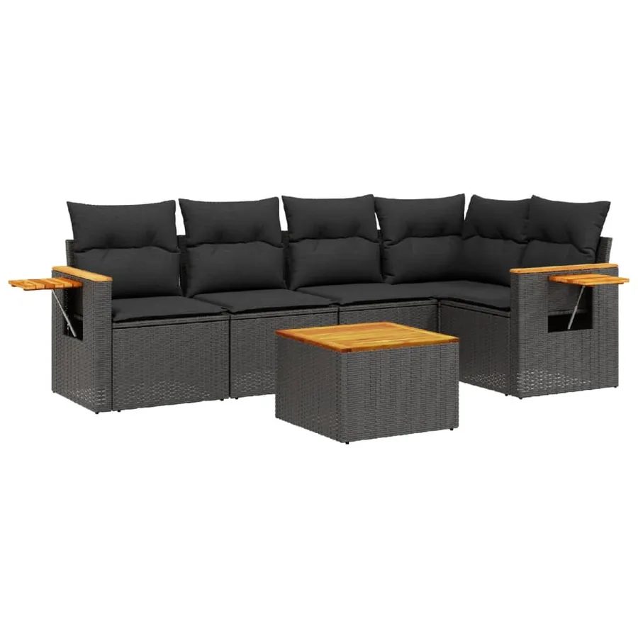 Salon de jardin 6 pcs avec coussins noir résine tressée - 2
