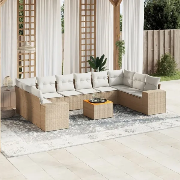 Salon de jardin 11 pcs avec coussins beige résine tressée