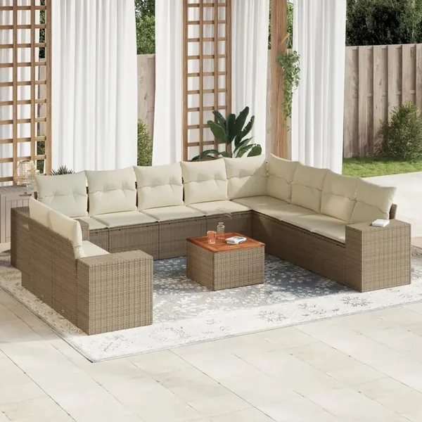 Salon de jardin 11 pcs avec coussins beige résine tressée