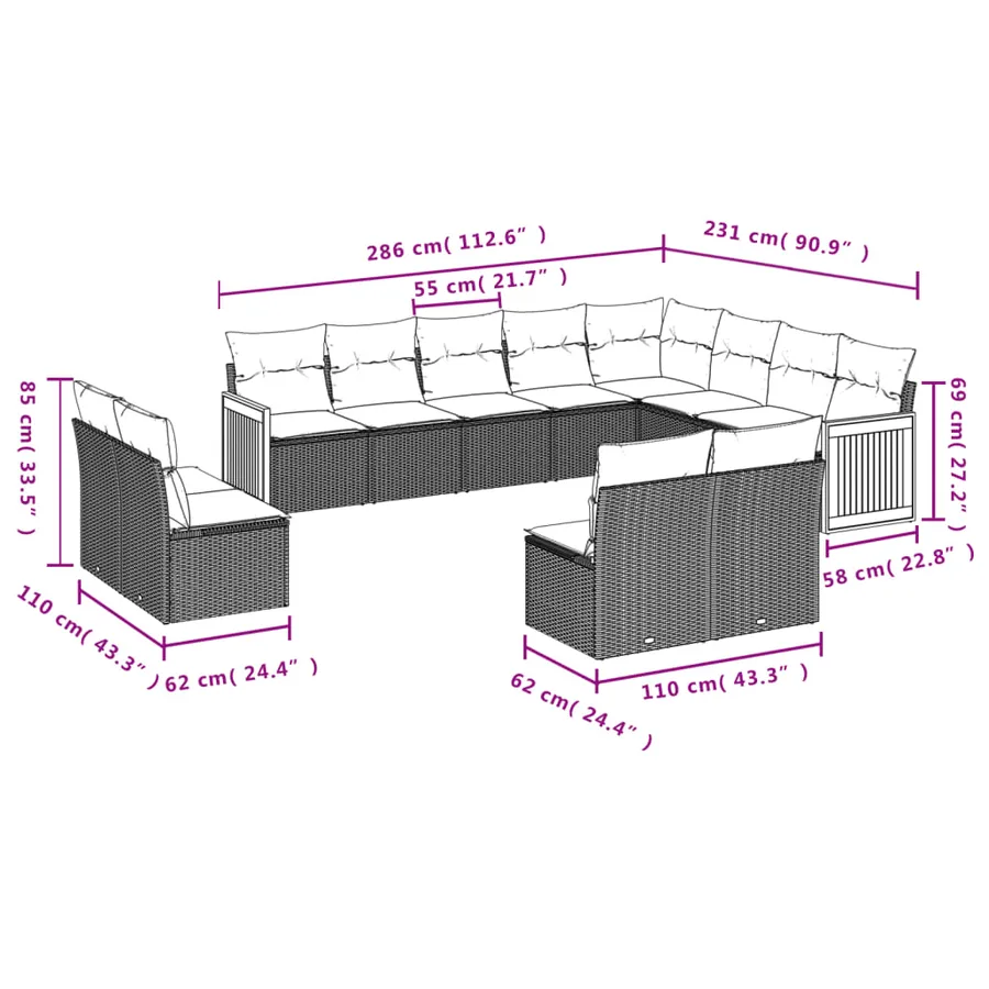 Salon de jardin avec coussins 12 pcs beige résine tressée - 3