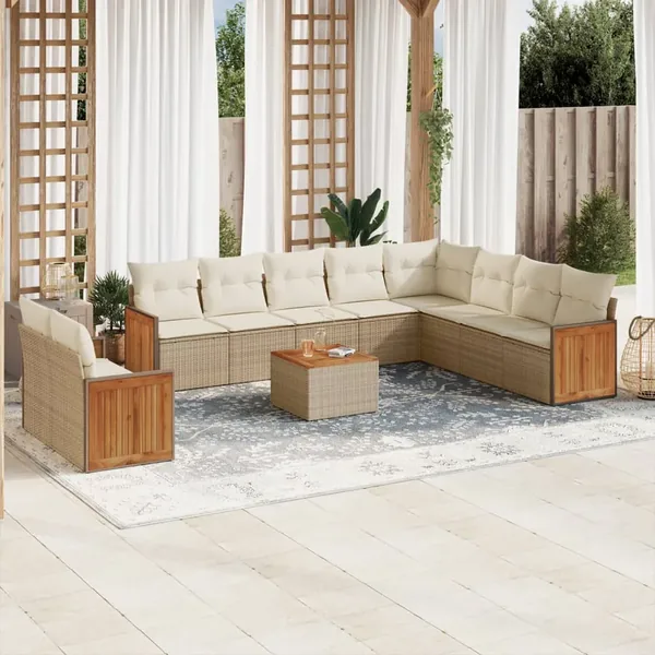 Salon de jardin 11 pcs avec coussins beige résine tressée