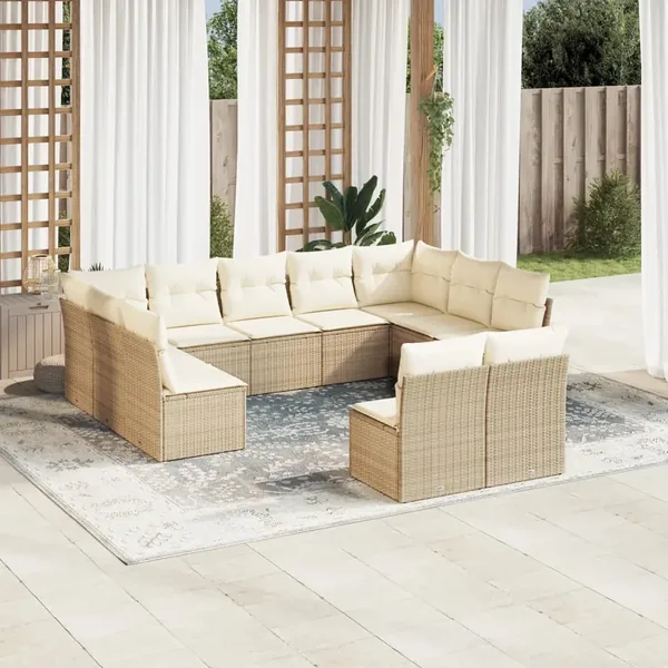 Salon de jardin 11 pcs avec coussins beige résine tressée