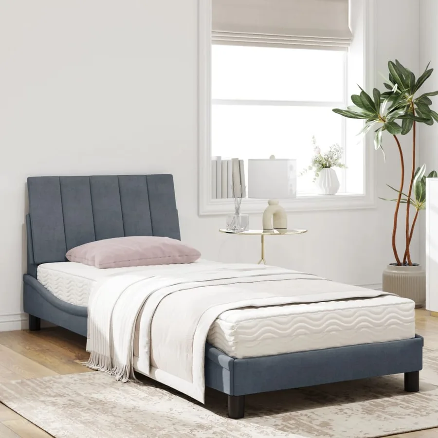Lit avec matelas Hanko gris foncé 90x200 cm velours - 3