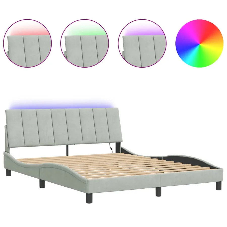 Cadre de lit avec LED sans matelas Hanko gris clair 160x200cm velours - 2