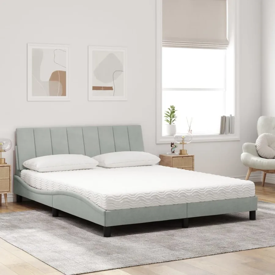 Lit avec matelas Hanko gris clair 160x200 cm velours - 3