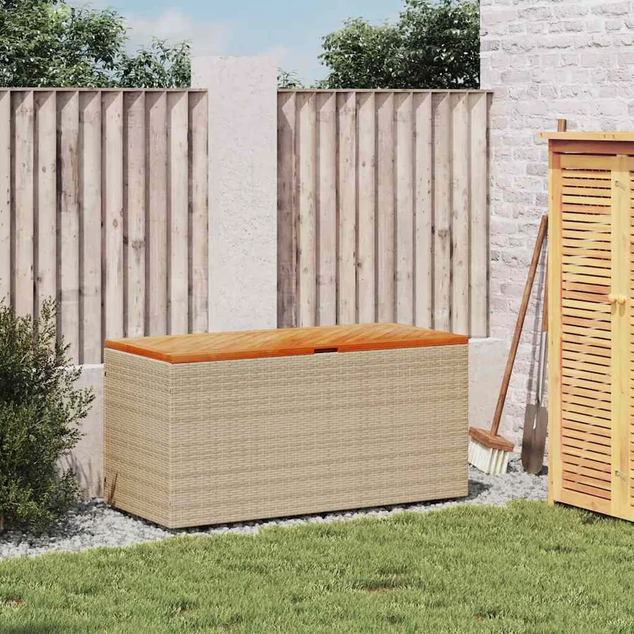 Boîte de rangement de jardin beige résine tressée bois d'acacia - 3