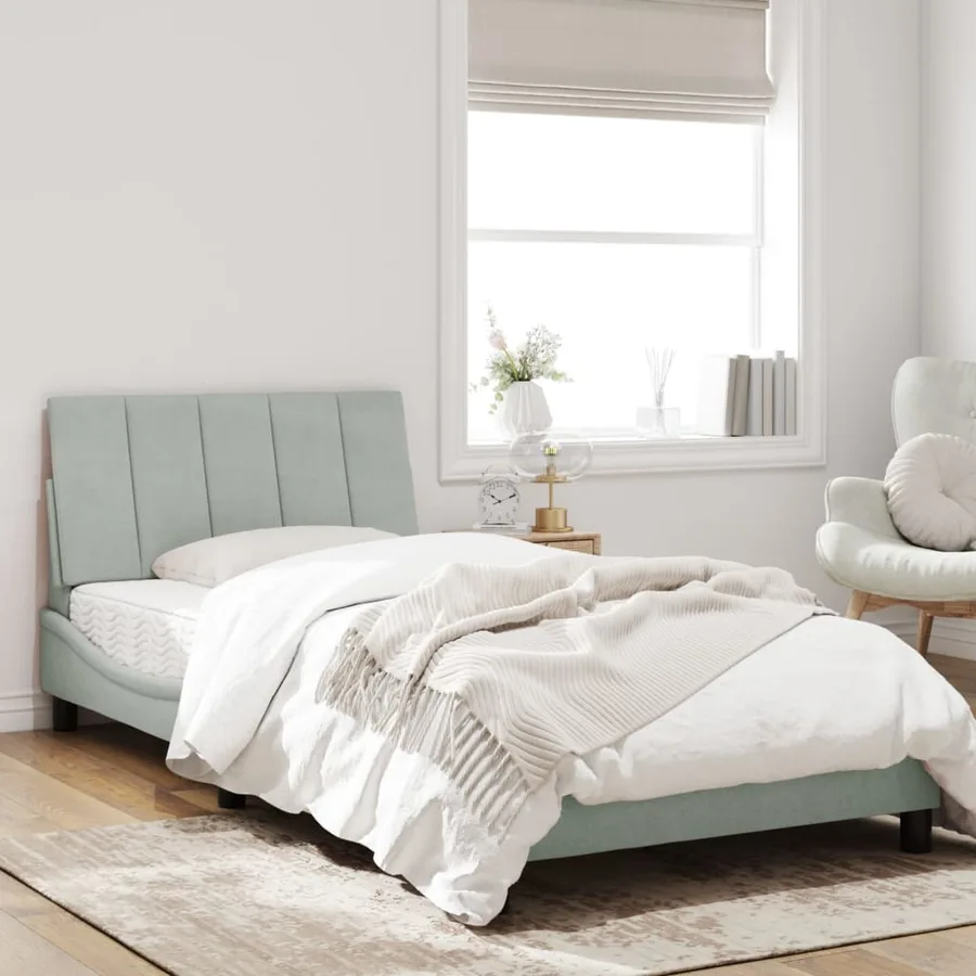 Lit avec matelas Hanko gris clair 100x200 cm velours - 3