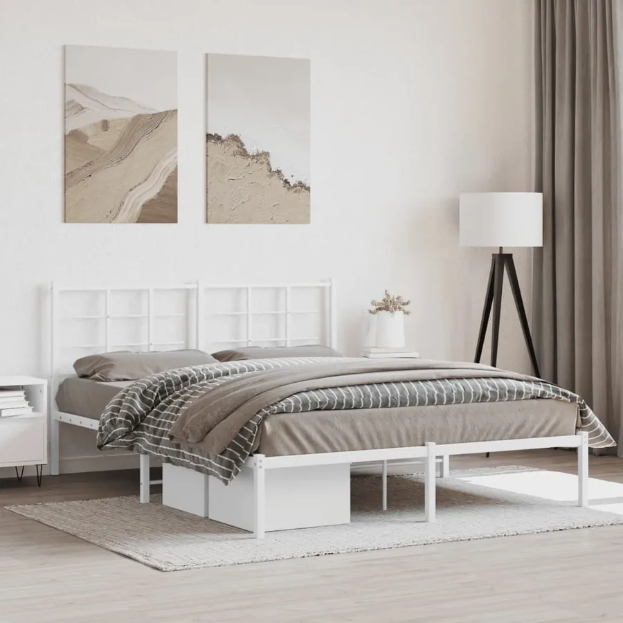 Cadre de lit métal sans matelas et tête de lit blanc 160x200 cm