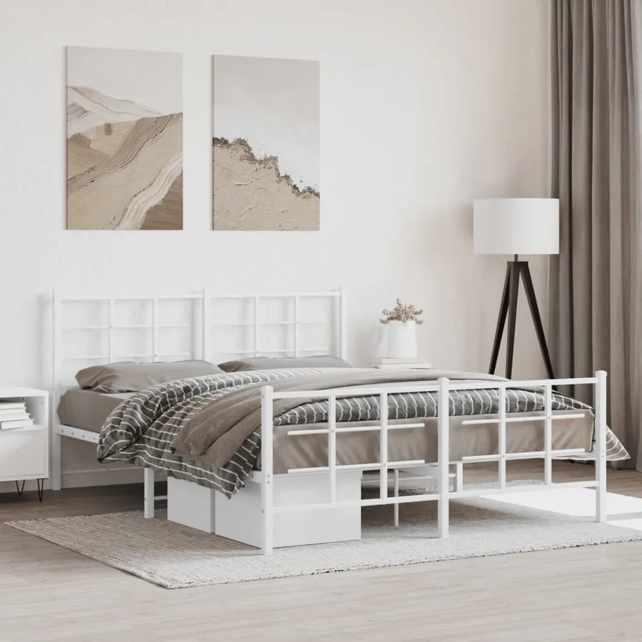Cadre de lit métal sans matelas et pied de lit blanc 150x200 cm