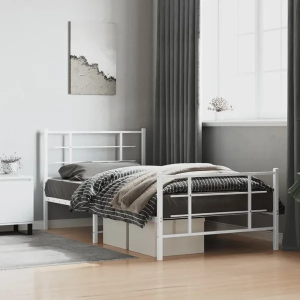 Cadre de lit métal sans matelas et pied de lit blanc 107x203 cm