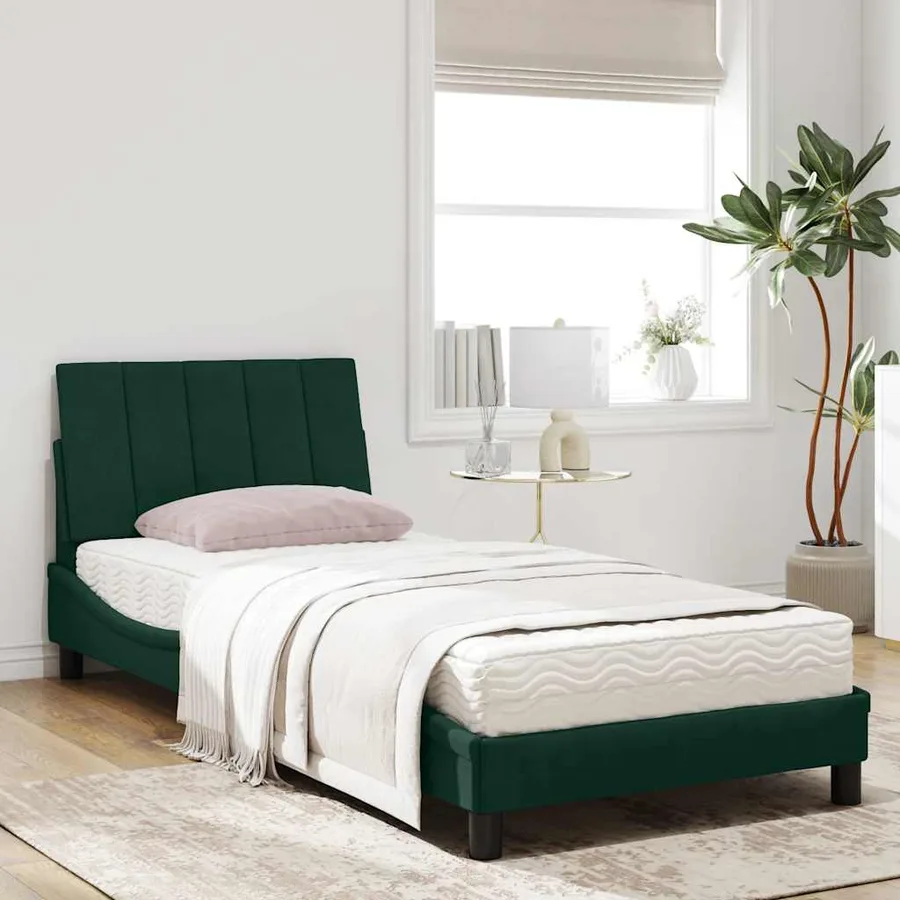 Lit avec matelas Hanko vert foncé 90x200 cm velours - 3