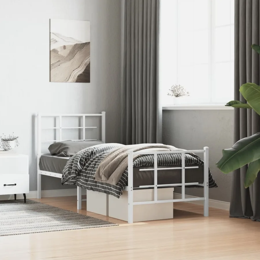 Cadre de lit métal sans matelas avec pied de lit blanc 75x190cm