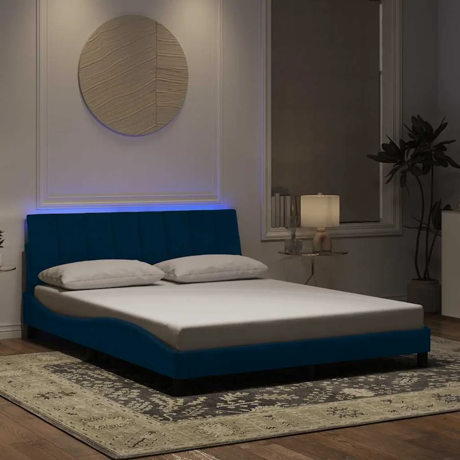 Cadre de lit avec LED sans matelas Hanko bleu 160x200 cm velours