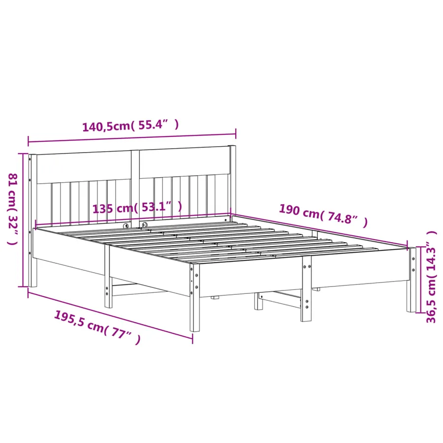 Cadre de lit sans matelas blanc 135x190 cm bois de pin massif - 9