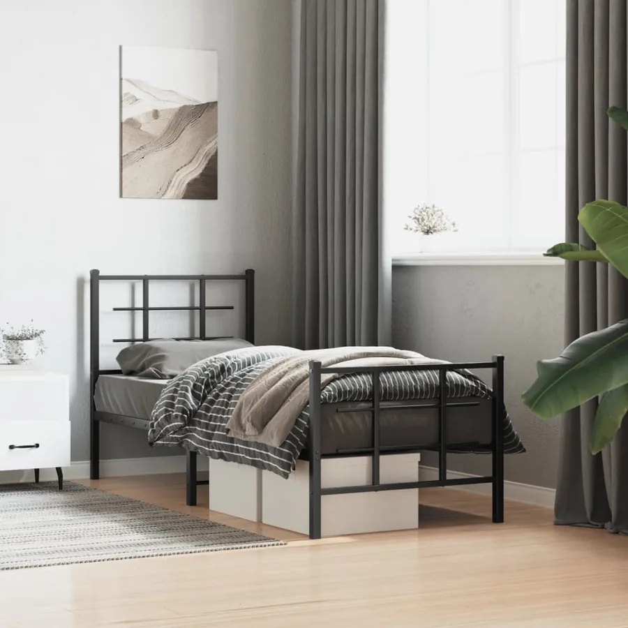 Cadre de lit métal sans matelas avec pied de lit noir 75x190 cm