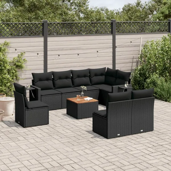 Salon de jardin 9 pcs avec coussins noir résine tressée