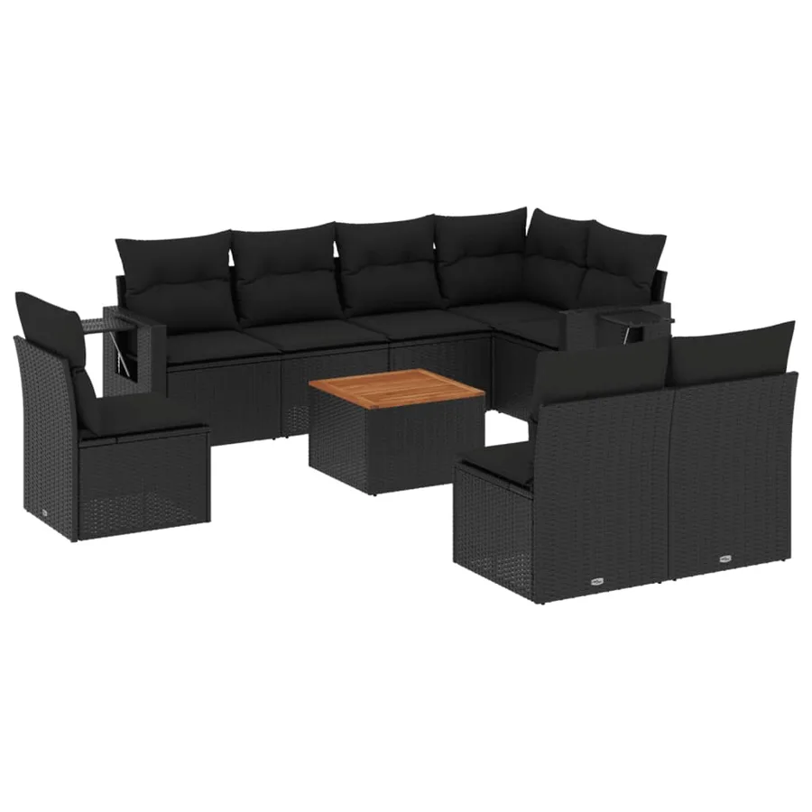Salon de jardin 9 pcs avec coussins noir résine tressée - 2