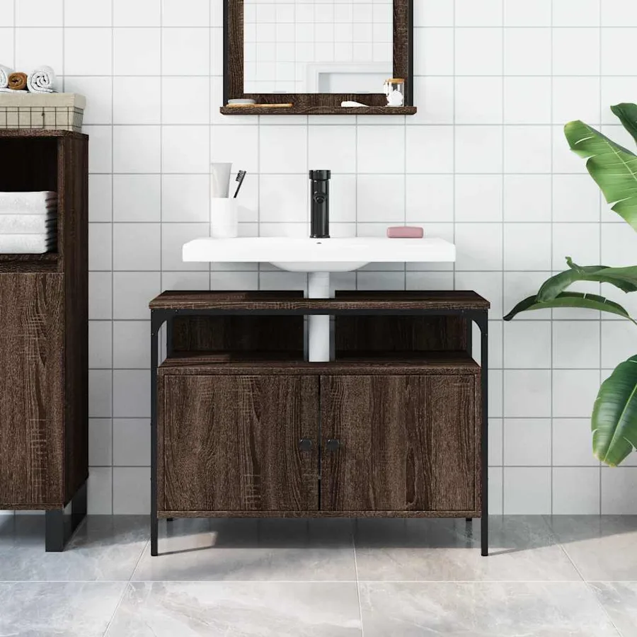 Armoire lavabo de salle de bain chêne marron 80x30x60 cm - 3