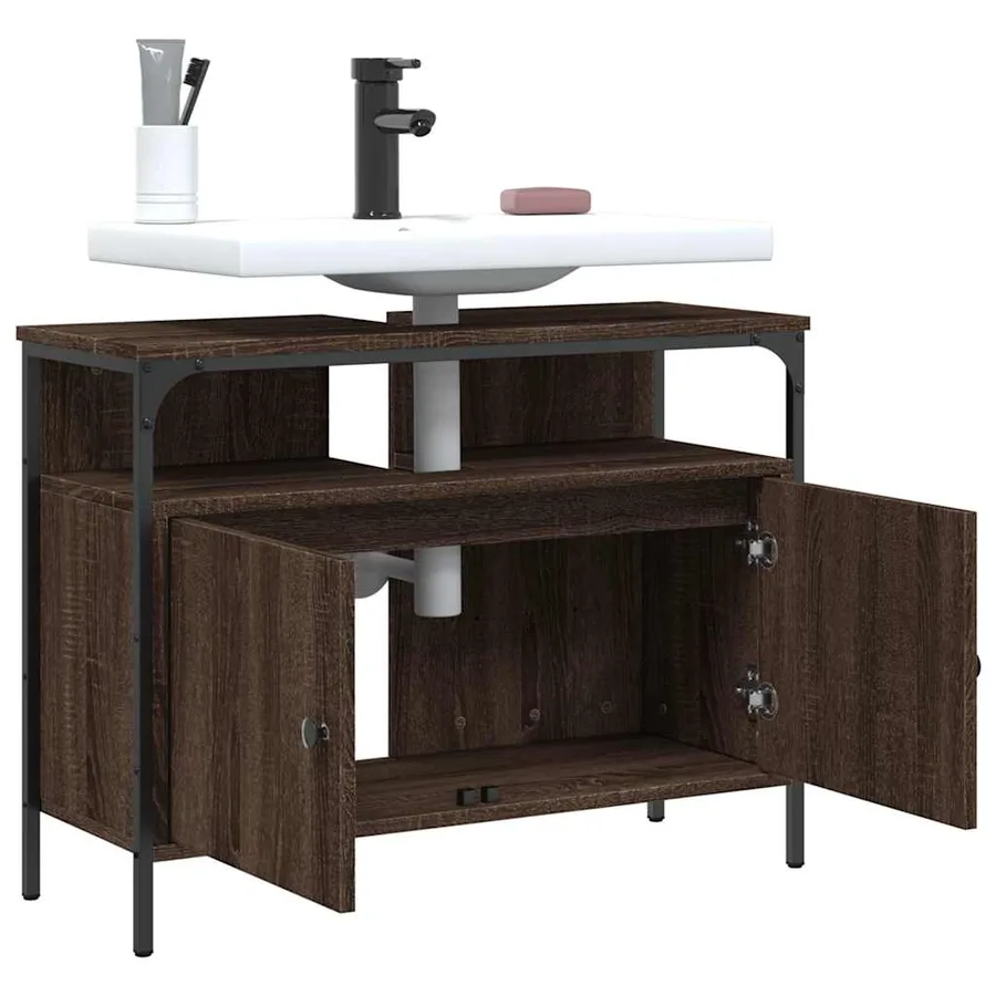 Armoire lavabo de salle de bain chêne marron 80x30x60 cm - 9