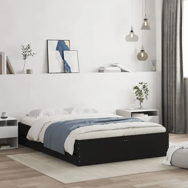 Cadre de lit avec tiroirs sans matelas noir 135x190 cm