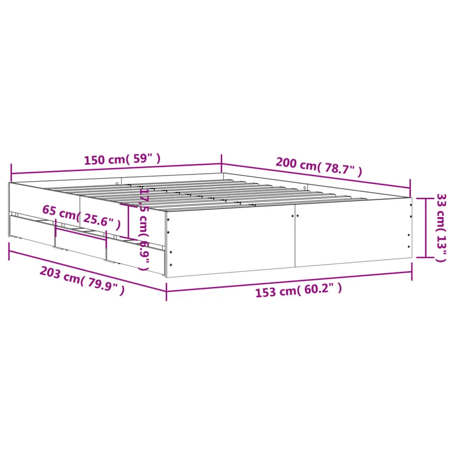Cadre de lit avec tiroirs sans matelas chêne marron 150x200 cm - 11