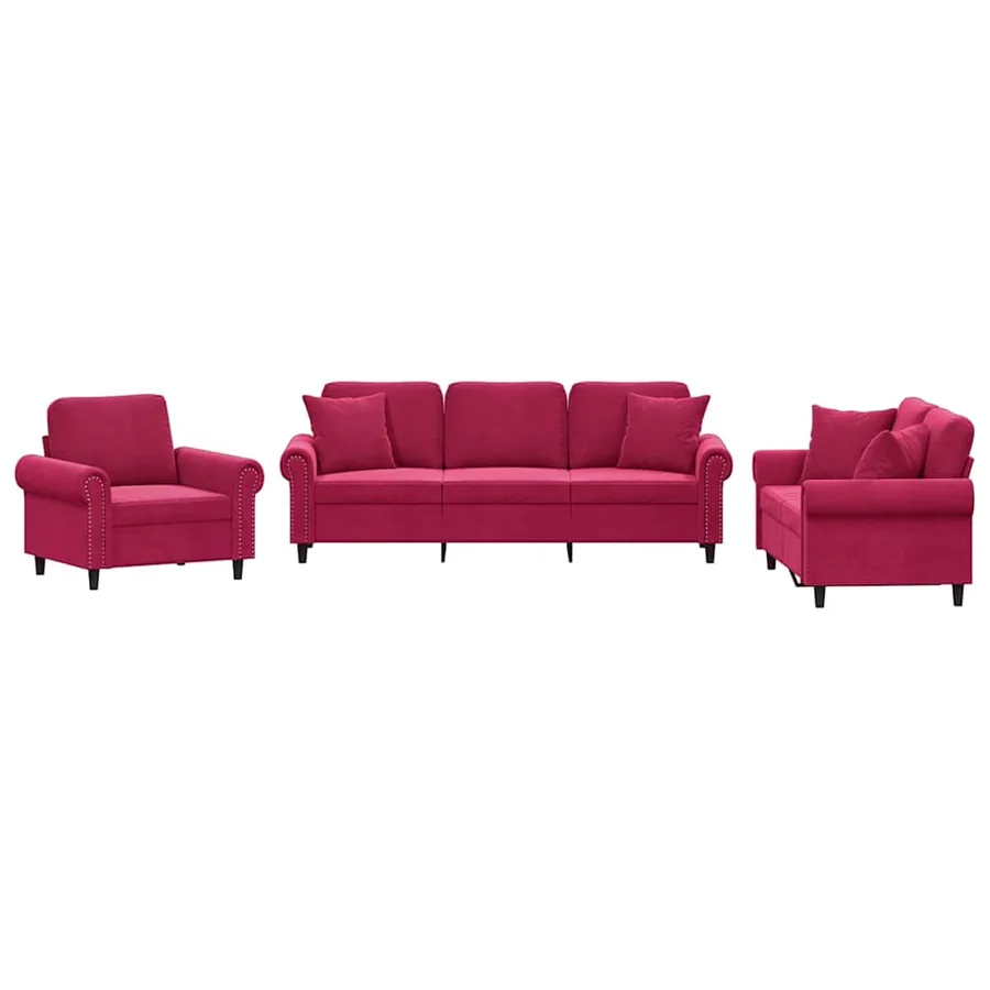 Ensemble de canapés 3 pcs avec coussins rouge bordeaux velours - 2
