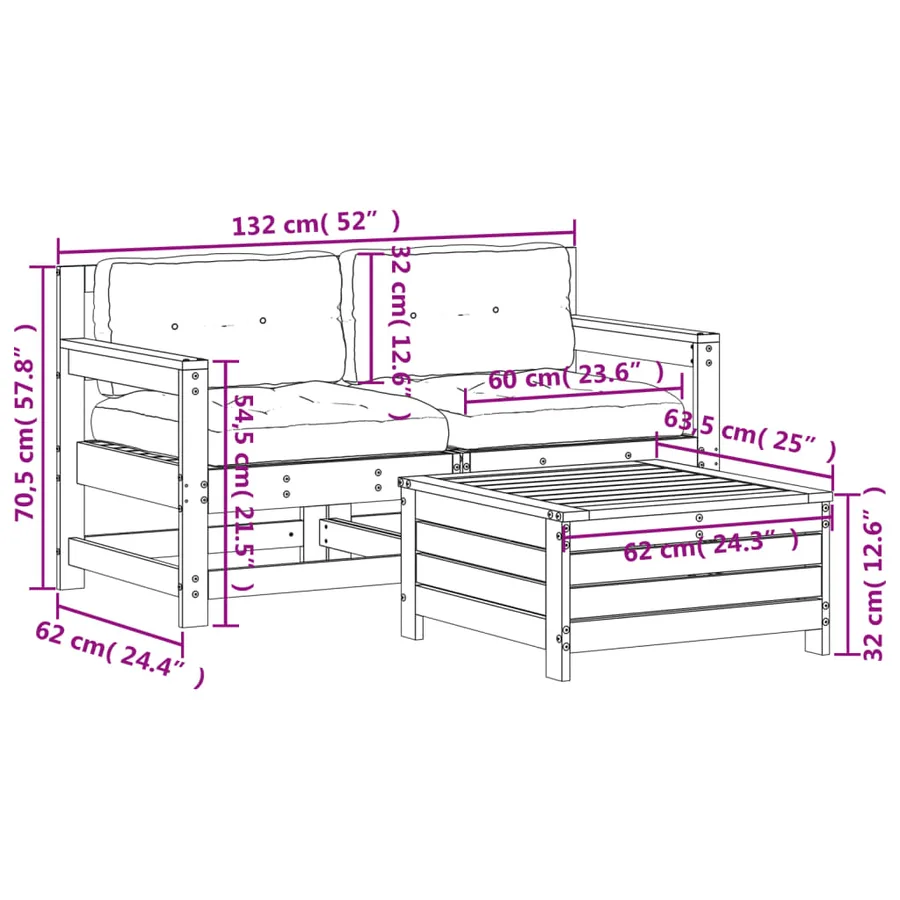 Salon de jardin 3 pcs avec coussins bois de pin imprégné - 9