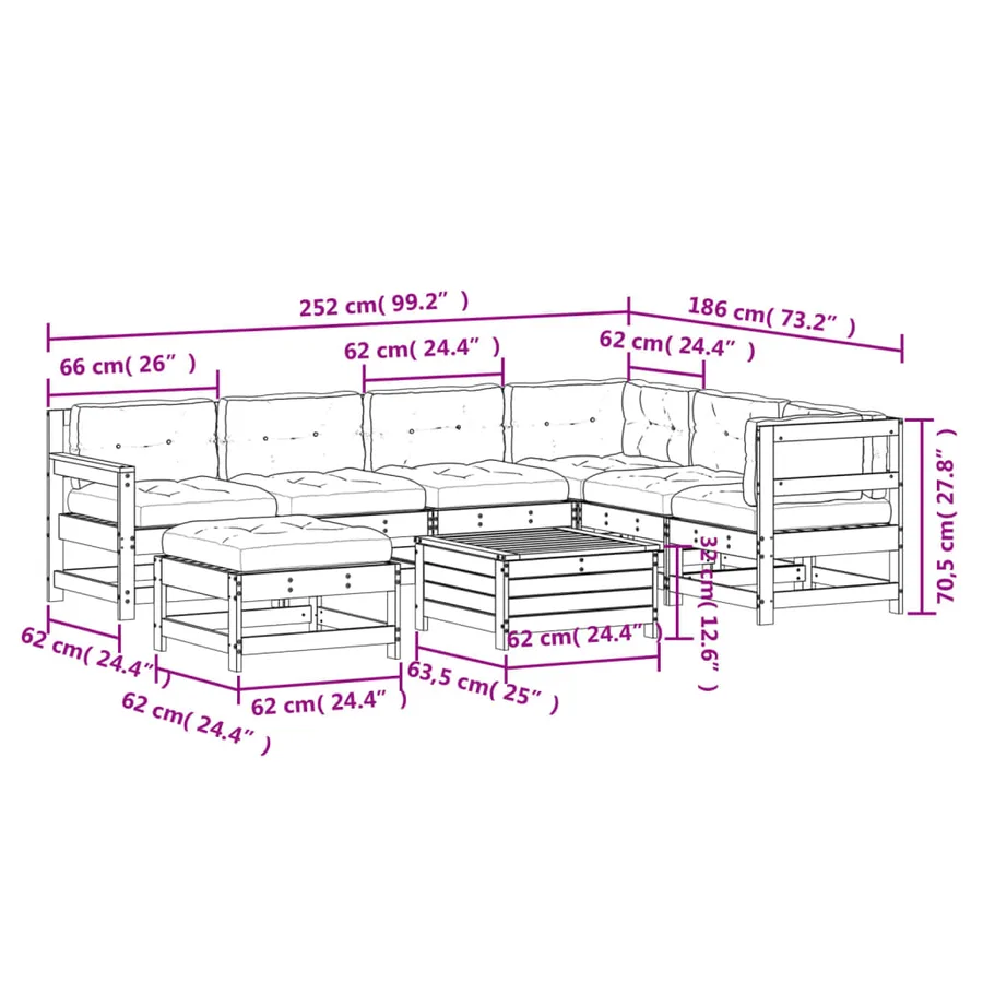 Salon de jardin 8 pcs avec coussins bois de pin imprégné - 11