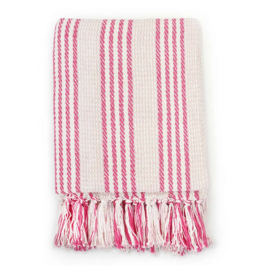 Couverture coton à rayures 125x150 cm Rose et Blanc - 2